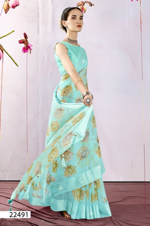 Fancy Georgette Printed Saree With blouse and swaroski stone work border